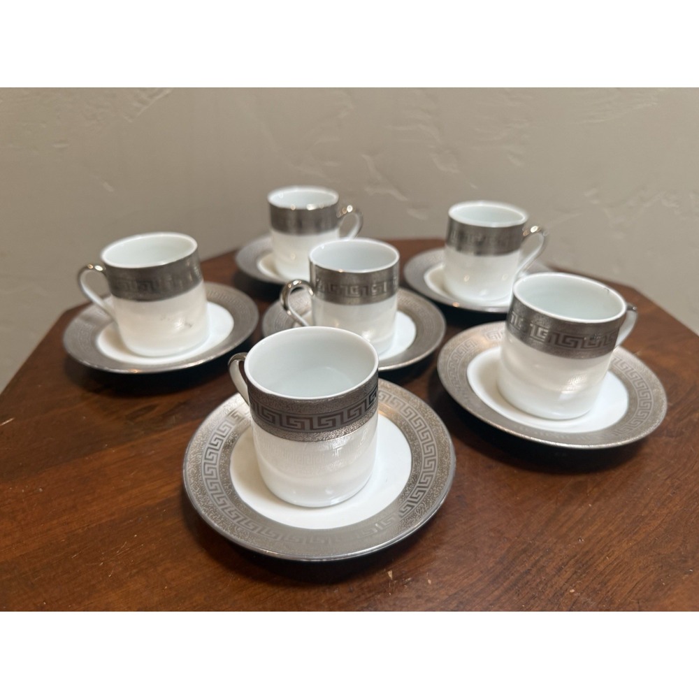 Vintage Greek Key Silver Porcelain Demitasse Espresso Cups Saucers Set of 6